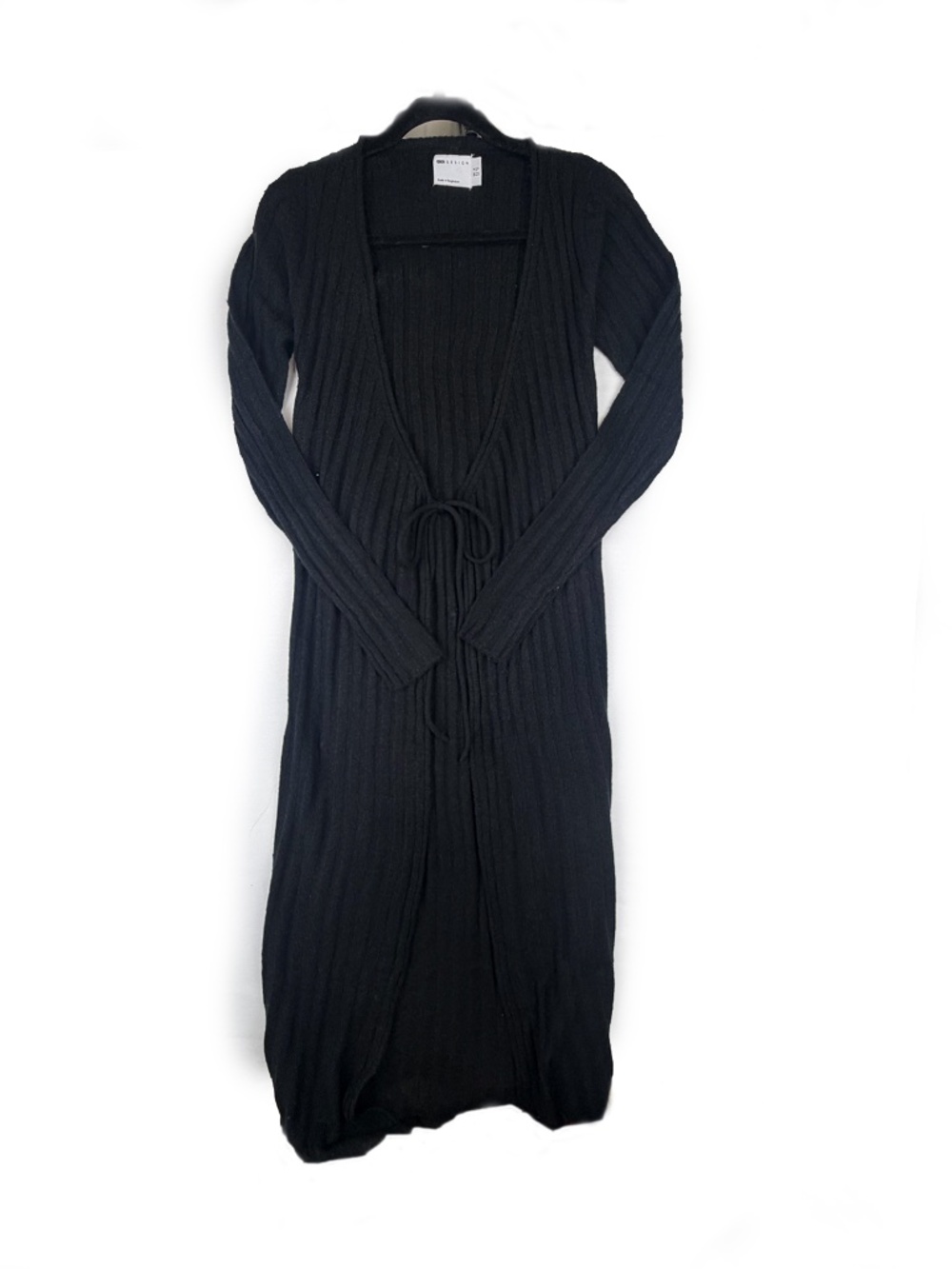 Share NWT SOS Design Black Ribbed Knit Maxi Cardigan Duster Tie Front Women's US